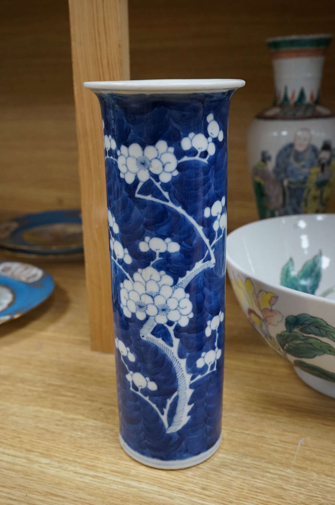 A collection of Chinese mixed ceramics, largest blue and white bowl 33cm diameter